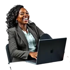 Black Boss Lady Laughing Proudly Sitting On A Desk With #7620 | Free PNG Download